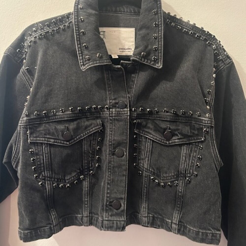 Anthropologie Black Washed Studded Cropped Denim Jacket